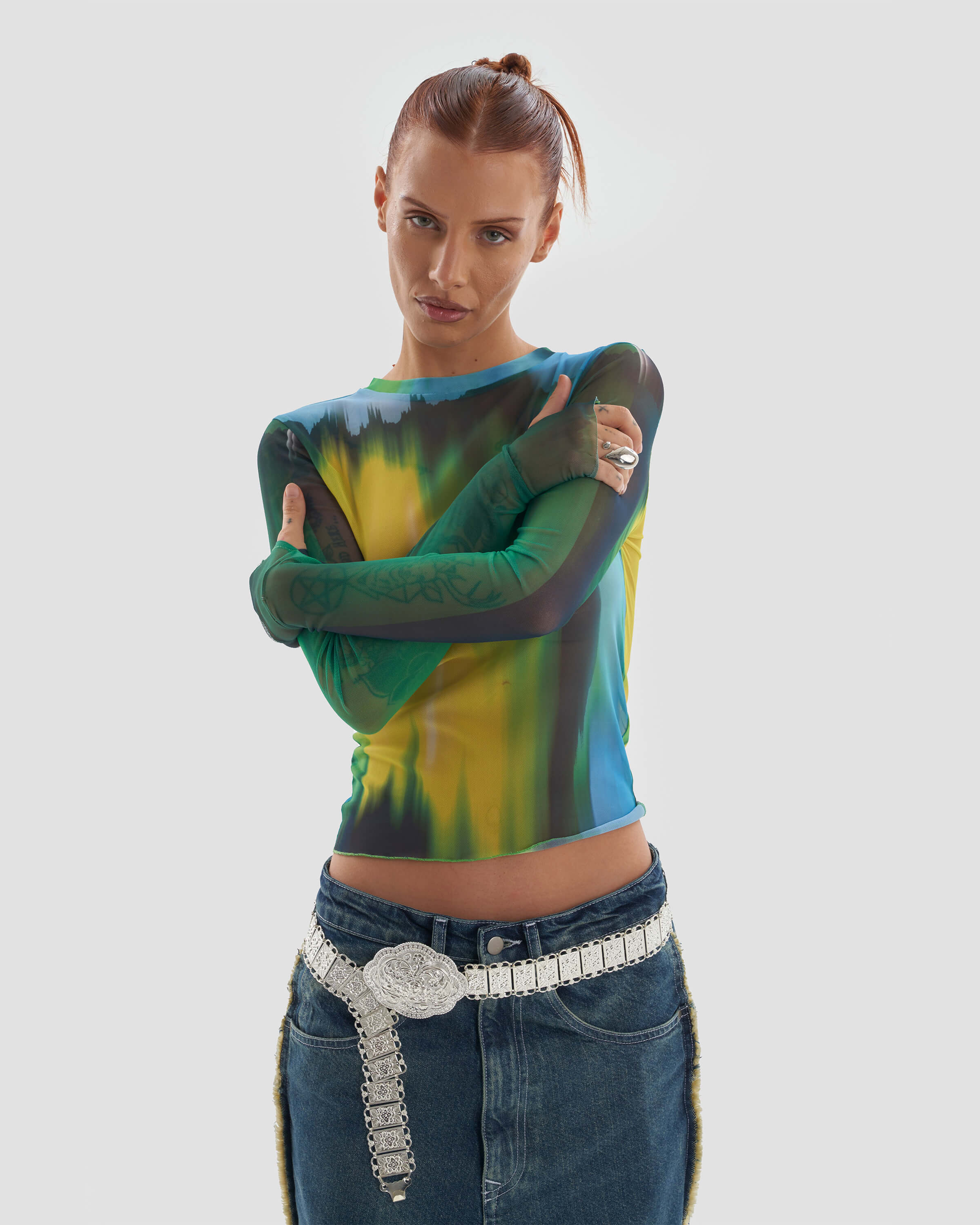 Liquid Mesh Fitted Long Sleeve Top with Print in Multicolour